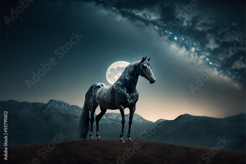 Horse in the mountains against the moonlight. Digital illustration. Fantasy Digital background. © Illustration