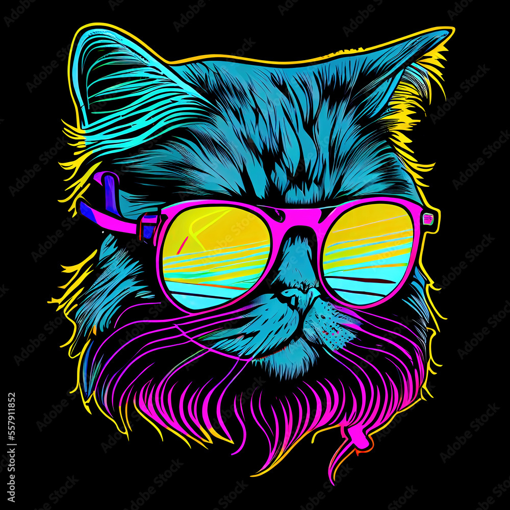 Neon Sticker Animals with Glasses Portrait  Generative AI Digital Art Illustration Cover Backdrop Background T-Shirt