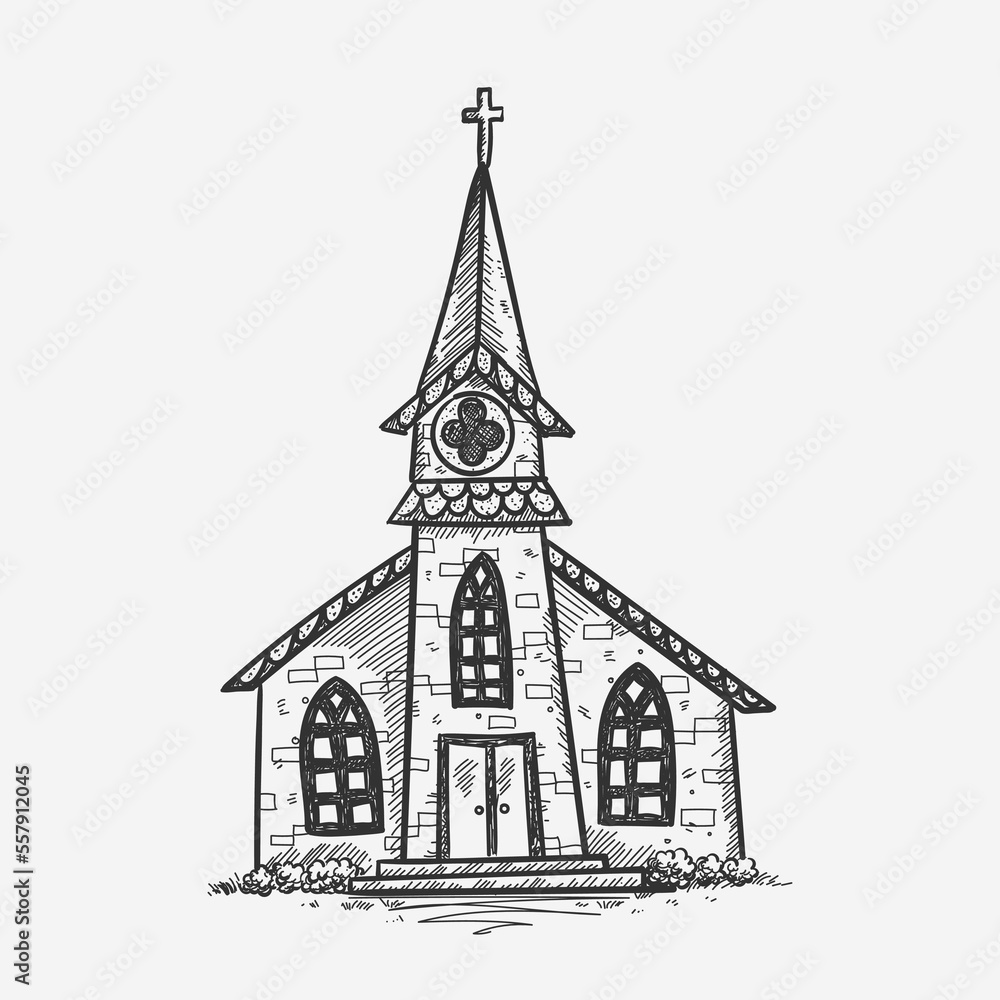 Beautiful hand drawn vector illustration of a cute small catholic church