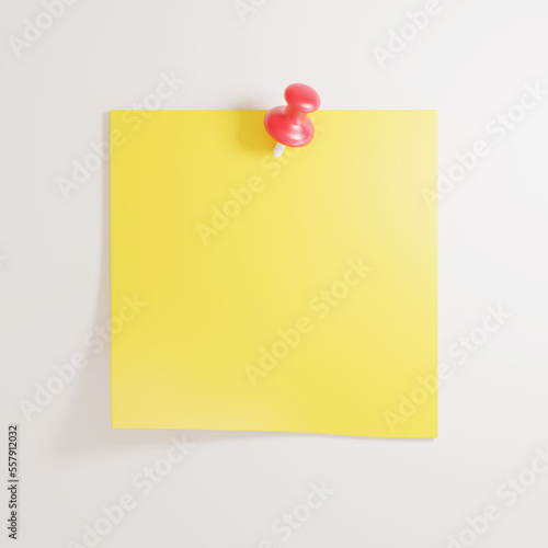 Yellow paper stick note with red push pin, 3D render illustration