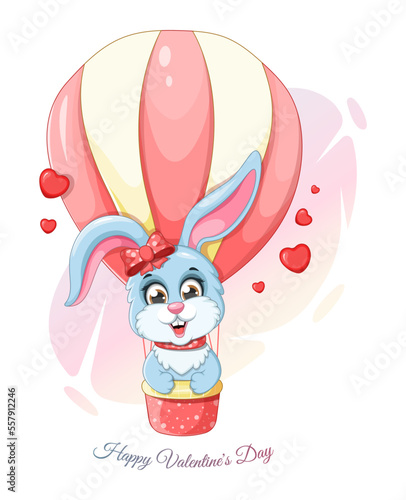 Romantic card with bunny, hearts and aerostat