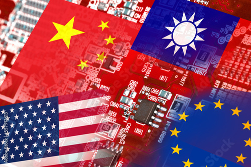 Flag of the Republic of China, Taiwan, EU and the United States on microchips of a printed electronic board. Concept for world supremacy in microchip and semiconductor manufacturing.
