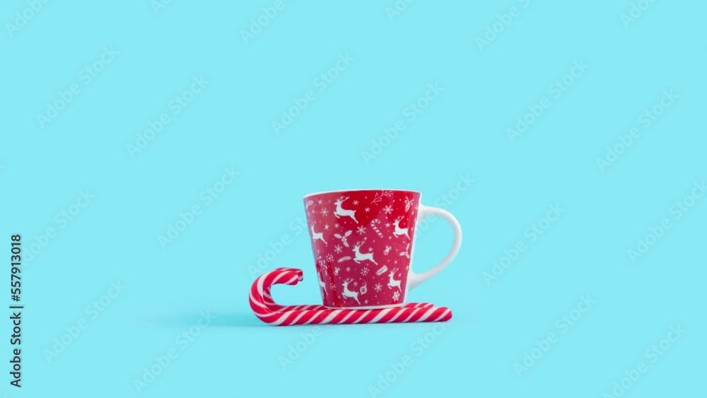 Minimal New year and Christmas concept with candy cane and coffee mug 4k. Minimal New year and Christmas concept with candy cane and coffee mug 4k.