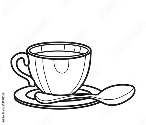 A cup of drink with a spoon. Black and white vector image. Coloring.