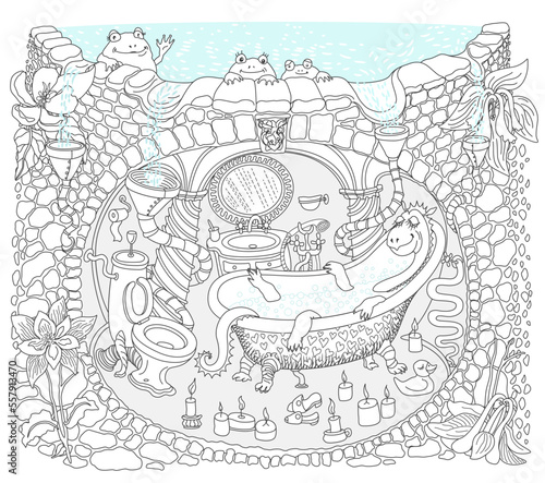 Vector contour thin line illustration for coloring book. Fairy tale medieval house bathroom, underground Dragon apartment cave 