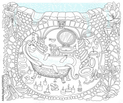 Vector contour thin line illustration for coloring book. Fairy tale medieval house bathroom, underground Dragon apartment cave 
