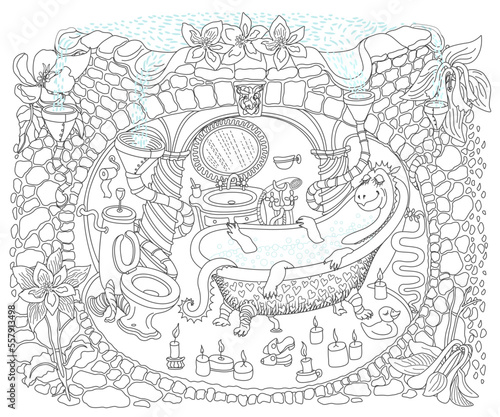 Vector contour thin line illustration for coloring book. Fairy tale medieval house bathroom, underground Dragon apartment cave 