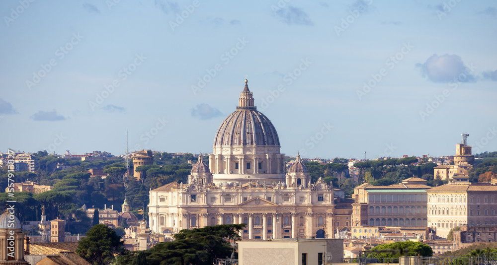 Old Historic Catholic Church in City of Rome, Italy. Aerial View. Cloudy Sky