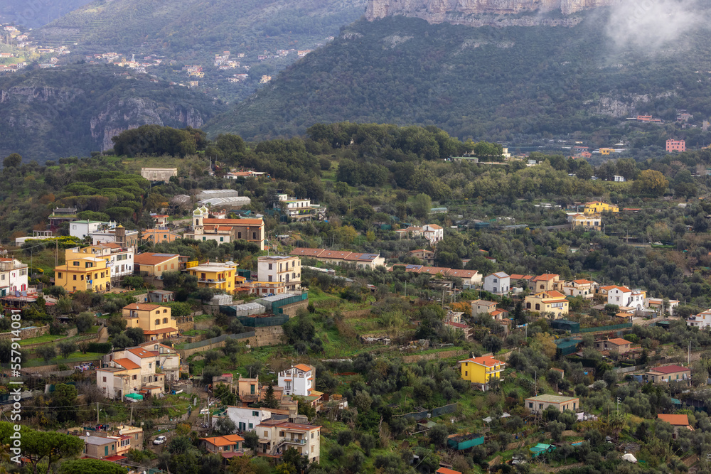 Residential Homes on top of Mountain by the Sea. Near Touristic Town of Sorrento, Italy. Cloudy Day.