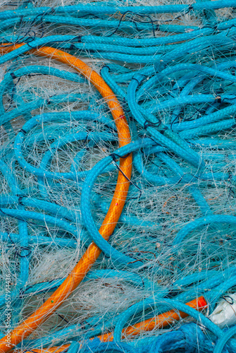 Fishing net and ropes on a fisherman boat