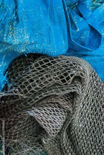 Fishing net and ropes on a fisherman boat