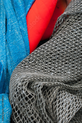 Fishing net and ropes on a fisherman boat
