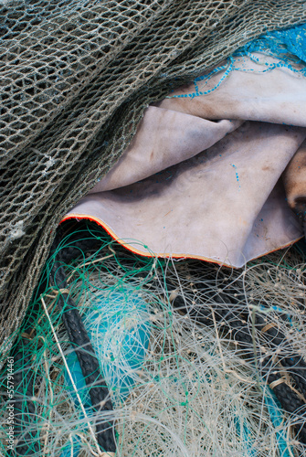 Fishing net and ropes on a fisherman boat