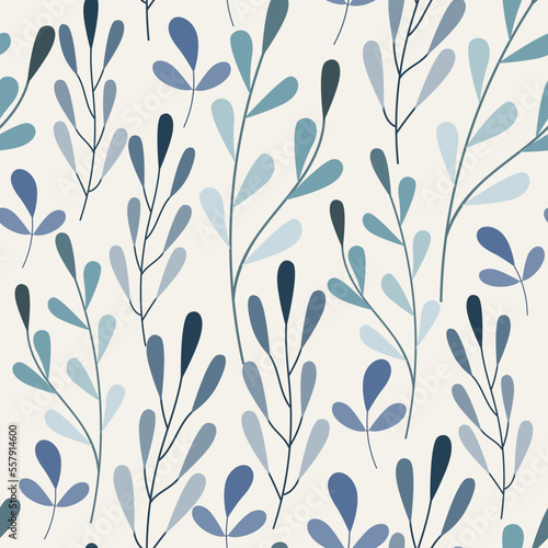 Seamless pattern  curling leaves  blue shades