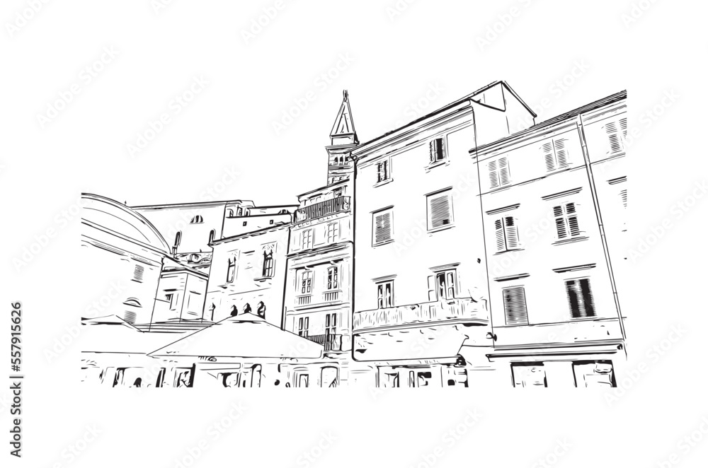 Building view with landmark of Piran is the 
town in Slovenia. Hand drawn sketch illustration in vector.
