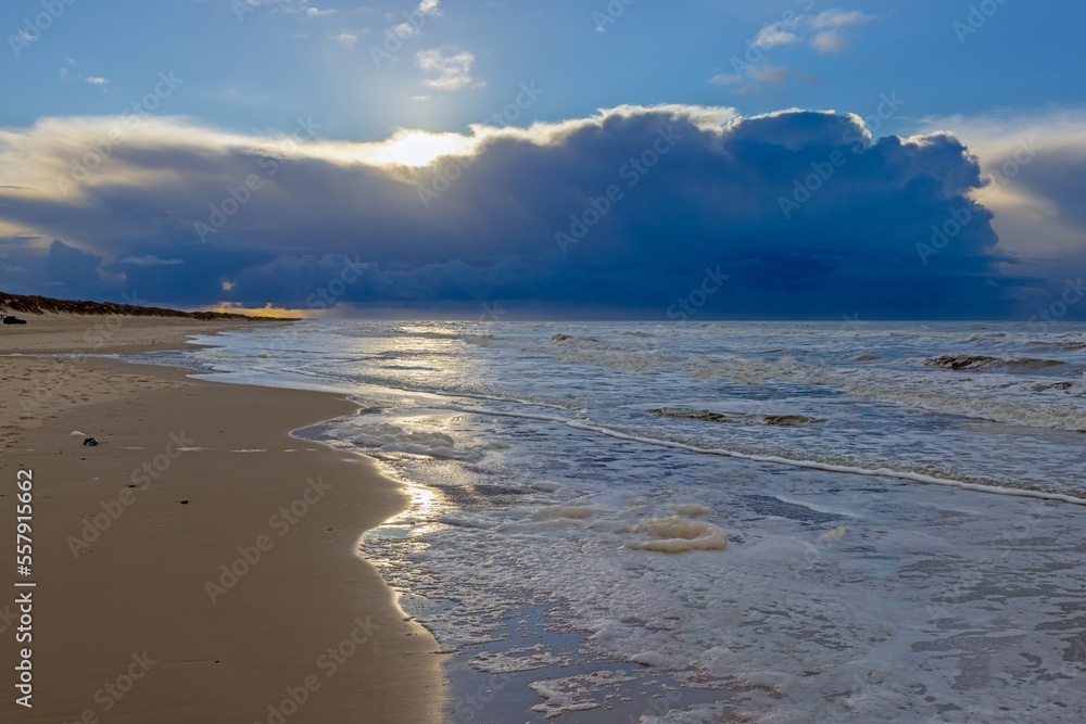 Winter image of a North Sea beach near Vejers at sunset