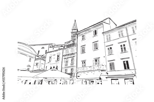Building view with landmark of Piran is the  town in Slovenia. Hand drawn sketch illustration in vector.