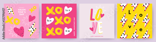 Creative concept of Happy Valentines Day posters, cards set. Modern Design templates with hand drawn doodle hearts, XO symbol and Love typography for celebration, decor, ads, branding, banner, cover