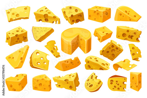 Cheese or curd pieces, vector icons set