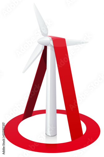 3d wind turbine on a white background with the red circular prohibition symbol on it