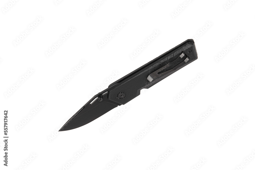 Pocket folding knife isolate on white back. Compact metal sharp knife with a folding blade. Pocket folding knife isolate on white back. Compact metal sharp knife with a folding blade.