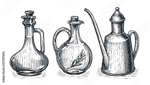 Set of jar, bottles with extra virgin olive oil. Healthy organic natural farm food. Engraved sketch vintage illustration