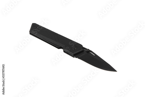 Pocket folding knife isolate on white back. Compact metal sharp knife with a folding blade.