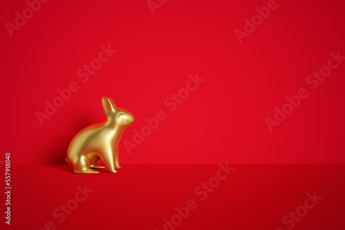 Gold Rabbit on a red background. Happy Chinese New Year. 3d illustration photo
