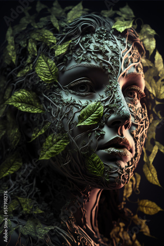 Painting of a feminine forest creature surrounded by green leafs