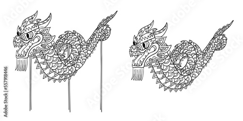 Chinese Dragon dance with festive marionette snake on poles. Isolated outline sketch in doodle style. Vector element for traditional Chinese New Year or Lantern festival illustration.