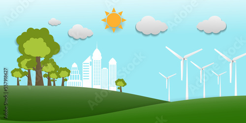 Green eco friendly city and Green renewable energy industry background.ESG as environmental social and governance concept.Paper art of ecology and environment concept.