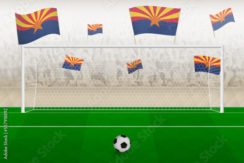 Arizona football team fans with flags of Arizona cheering on stadium, penalty kick concept in a soccer match.