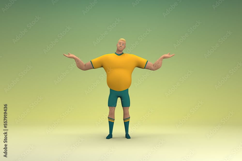 An athlete wearing a yellow shirt and green pants is expression of hand when talking. 3d rendering of cartoon character in acting. An athlete wearing a yellow shirt and green pants is expression of hand when talking. 3d rendering of cartoon character in acting.