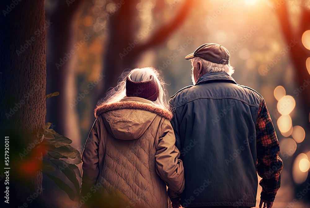 beautiful illustration of senior couple spend time together while walking in park at dusk or dawn time 