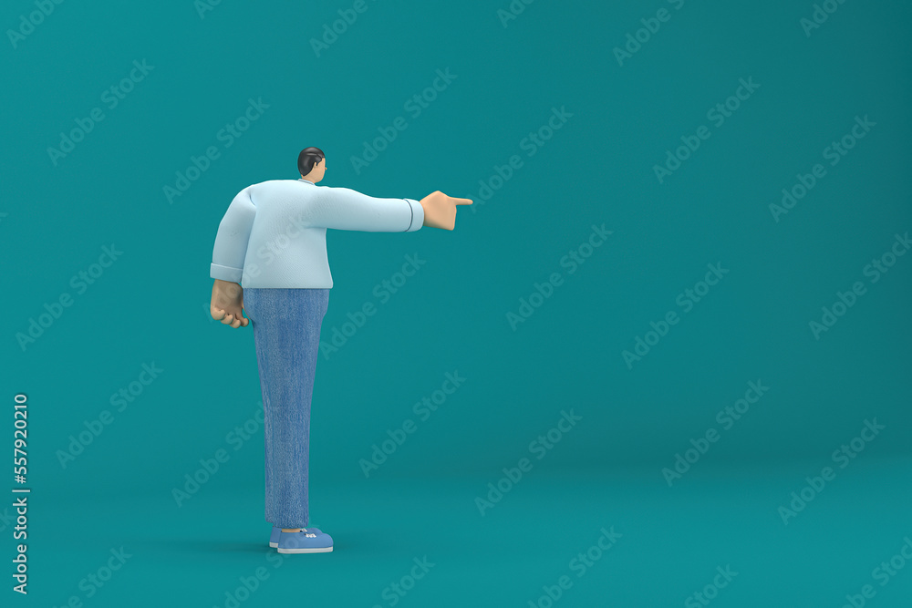 cartoon character wearing jeans and long shirt. He is expression of body and hand when talking. 3d rendering in acting. cartoon character wearing jeans and long shirt. He is expression of body and hand when talking. 3d rendering in acting.