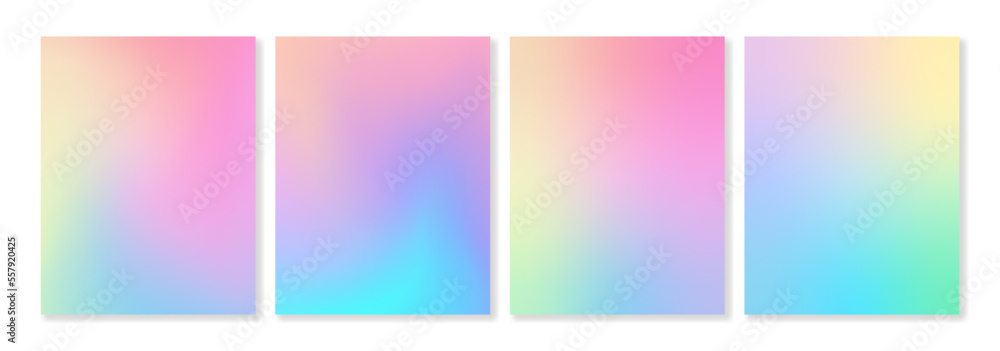 Set of 4 vector gradient backgrounds in bright rainbow colors with soft transitions. For brochures, booklets, posters, , wallpapers, branding, business cards, social media and other projects. Vector, 