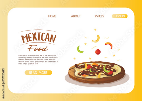 Website landing page template with mexican dish fajita on a wooden tray. Fast food restaurant and street food snacks, meat tortillas, takeaway food delivery