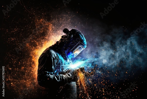 welder is welding metal , industry them bokeh and sparkle background, Generative Ai