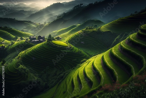 illustration landscape inspire from green high land of step rice field in Ping An, China
