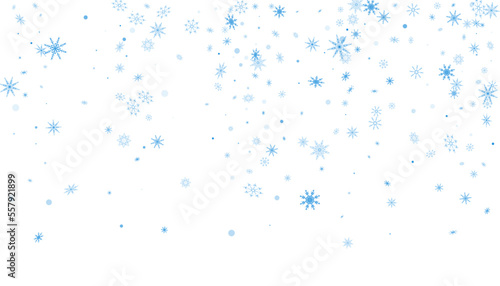 Blue delicate openwork snowflakes are scattered on a white background. Festive background, new year or christmas design