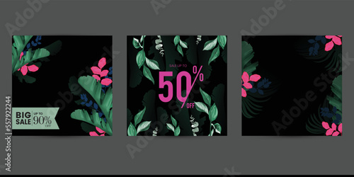 set of tropical leave background. neon pink floral frame on black background.  template for Instagram social media post. for woman fashion beauty content