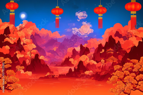 2023 Chinese New Year landscape background backdrop using generative AI