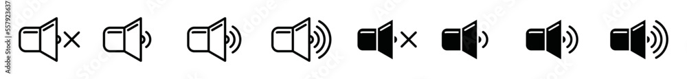 Audio speaker volume icon set. Speakers icon symbol for apps and websites. Loudspeaker icon. Volume control for speakers of music or video, vector illustration Audio speaker volume icon set. Speakers icon symbol for apps and websites. Loudspeaker icon. Volume control for speakers of music or video, vector illustration