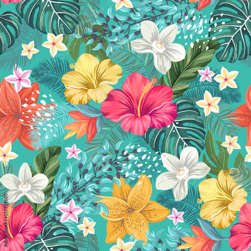 Hibiscus, plumeria, lily, orchid, blue jade flowers. Tropical theme seamless vector pattern with hand drawn illustration
