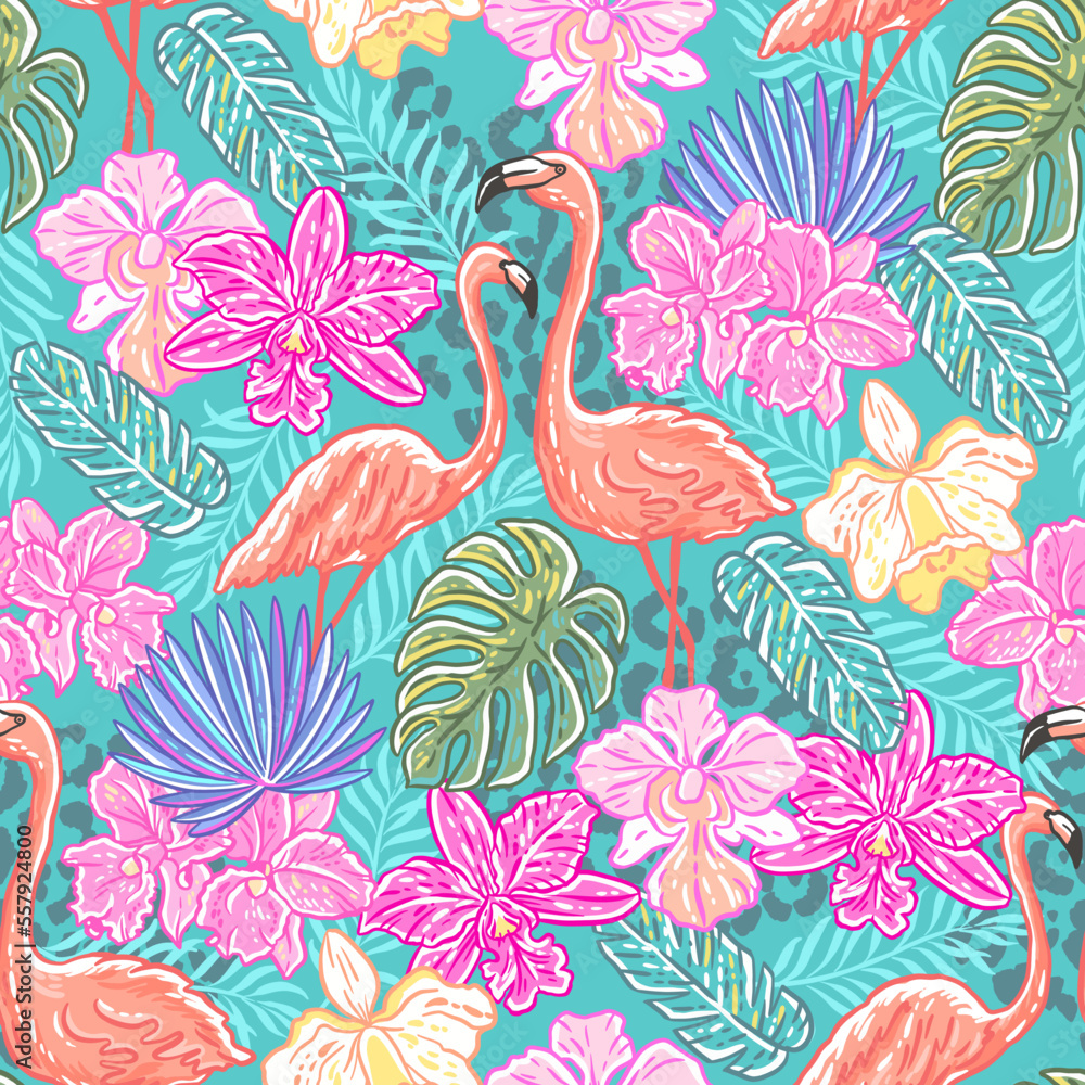 Fototapeta premium Blooming orchids with tropical leaves and flamingos. Seamless pattern with vector hand drawn illustrations 