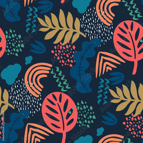 Abstract figures, spots and leaves. Seamless vector pattern with hand drawn illustrations 