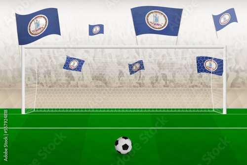 Virginia football team fans with flags of Virginia cheering on stadium, penalty kick concept in a soccer match.