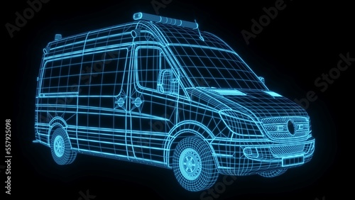 3d rendering illustration Ambulance car blueprint glowing neon hologram futuristic show technology security danger emergency for premium product business finance 
