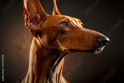 Adorable Pharaoh Hound dog on dark background. Cute dog portrait. Digital art 
