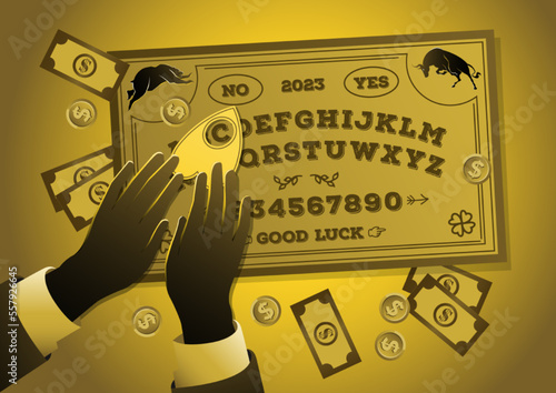 Businessman playing a Ouija game to see an upcoming market